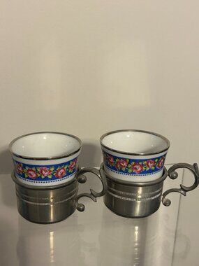 Vintage Goebel Bareuther Set of 2 Demitasse Tea/Coffee Cups w/ Pewter Holders